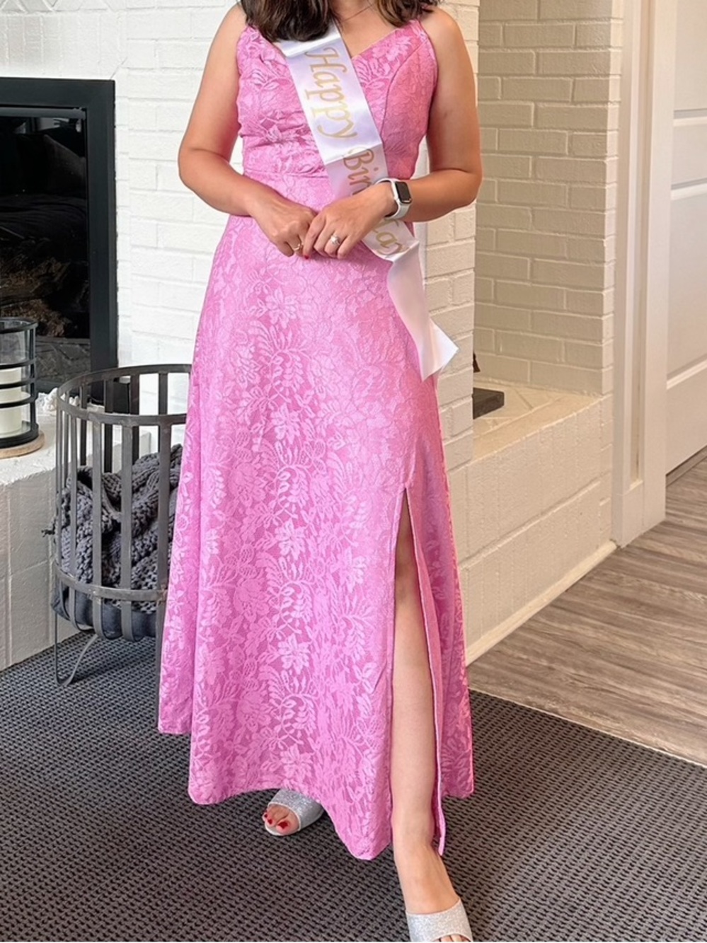 Elegant Pink Lace V-Neck  padded gown Dress with Side Slit